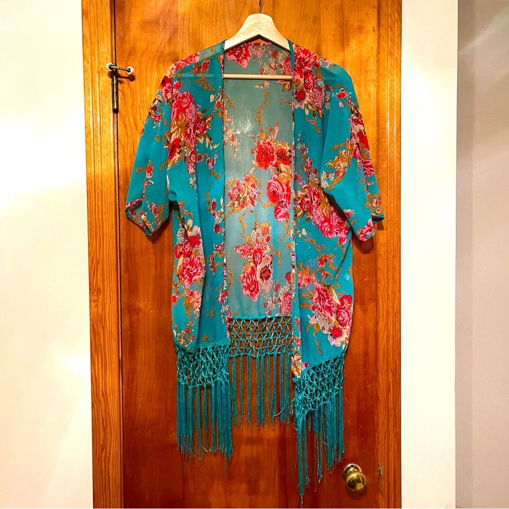 Sheer floral cover up with fringe